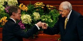Meme of Church General Authorities Fist Bumping w/ "Boom! Conference is Done" Wording | 29 Mormon Memes to Make You Smile | Third Hour | LDS Memes
