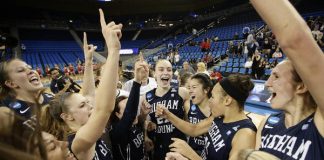The BYU Lady Cougars Basketball team celebrates a victory