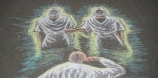A chalk art image of God and Jesus Christ appearing to Joseph Smith