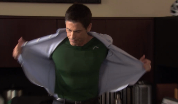 Chris Traeger from Parks and Rec changes into running clothes