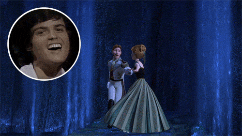 A picture of Donny Osmond superimposed over a dancing scene from Frozen