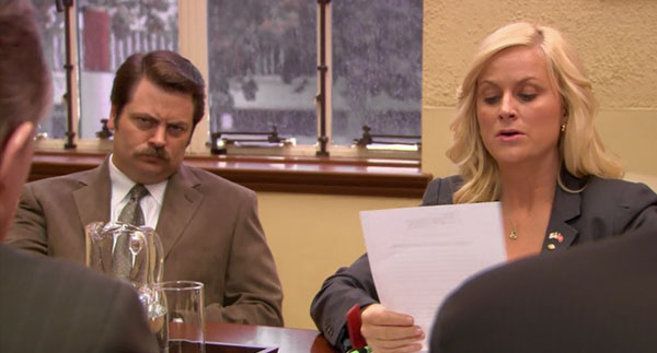 Leslie and Ron from Parks and Recreation not happy with each other