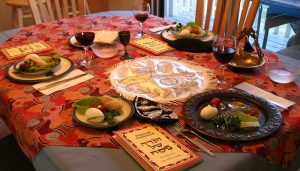 A traditional Passover Seder dinner setting.