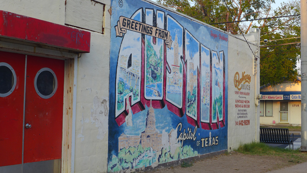 Tourist greeting sign from Austin, Texas