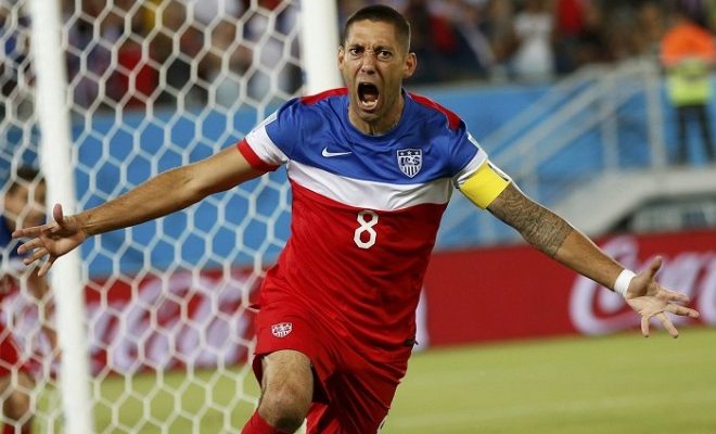 US soccer captain Clint Dempsey celebrating after he scores a goal.