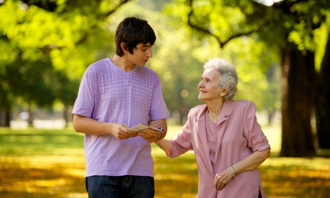 young man and elderly woman