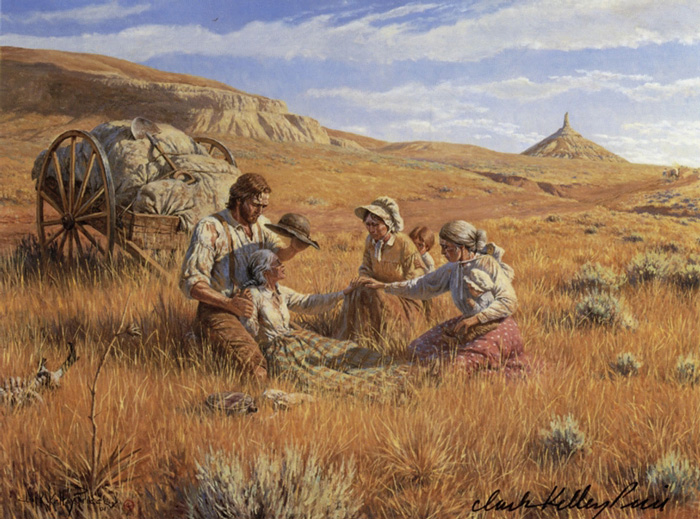 Pioneer Family burying their grandmother on the plains