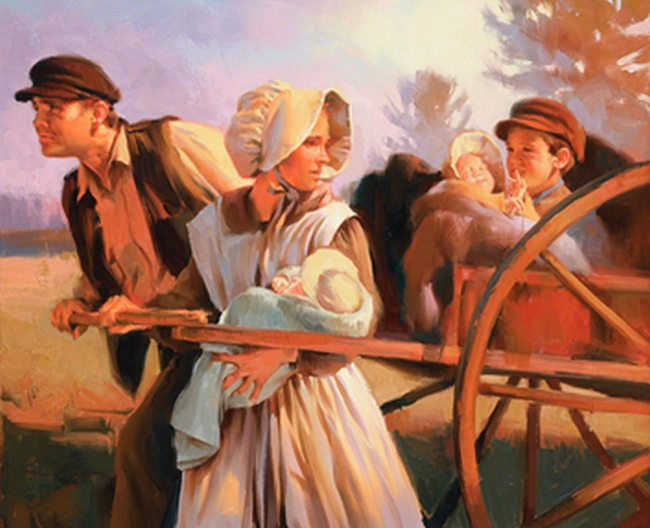 a pioneer mormon family pulling a handcart