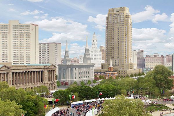 A rendering of the new temple and apartment complex