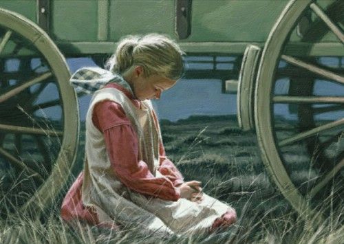 mormon pioneer girl kneeling in prayer