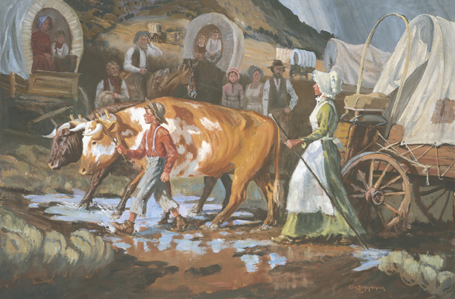 Mary Fielding Smith with her oxen, wagon and children