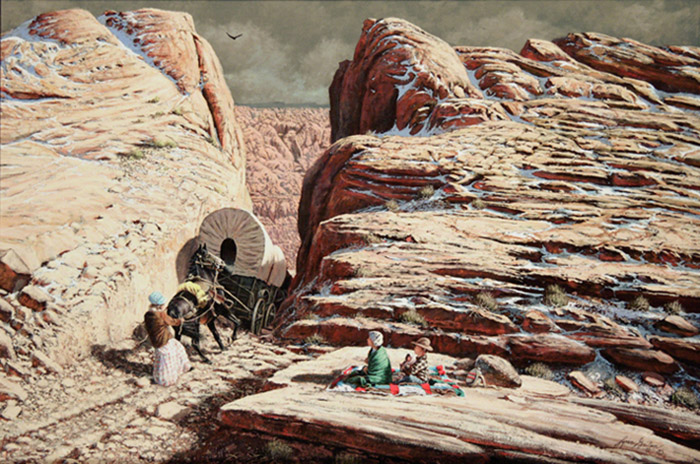 LDS pioneer pulling horses and wagon through hole-in-the-rock