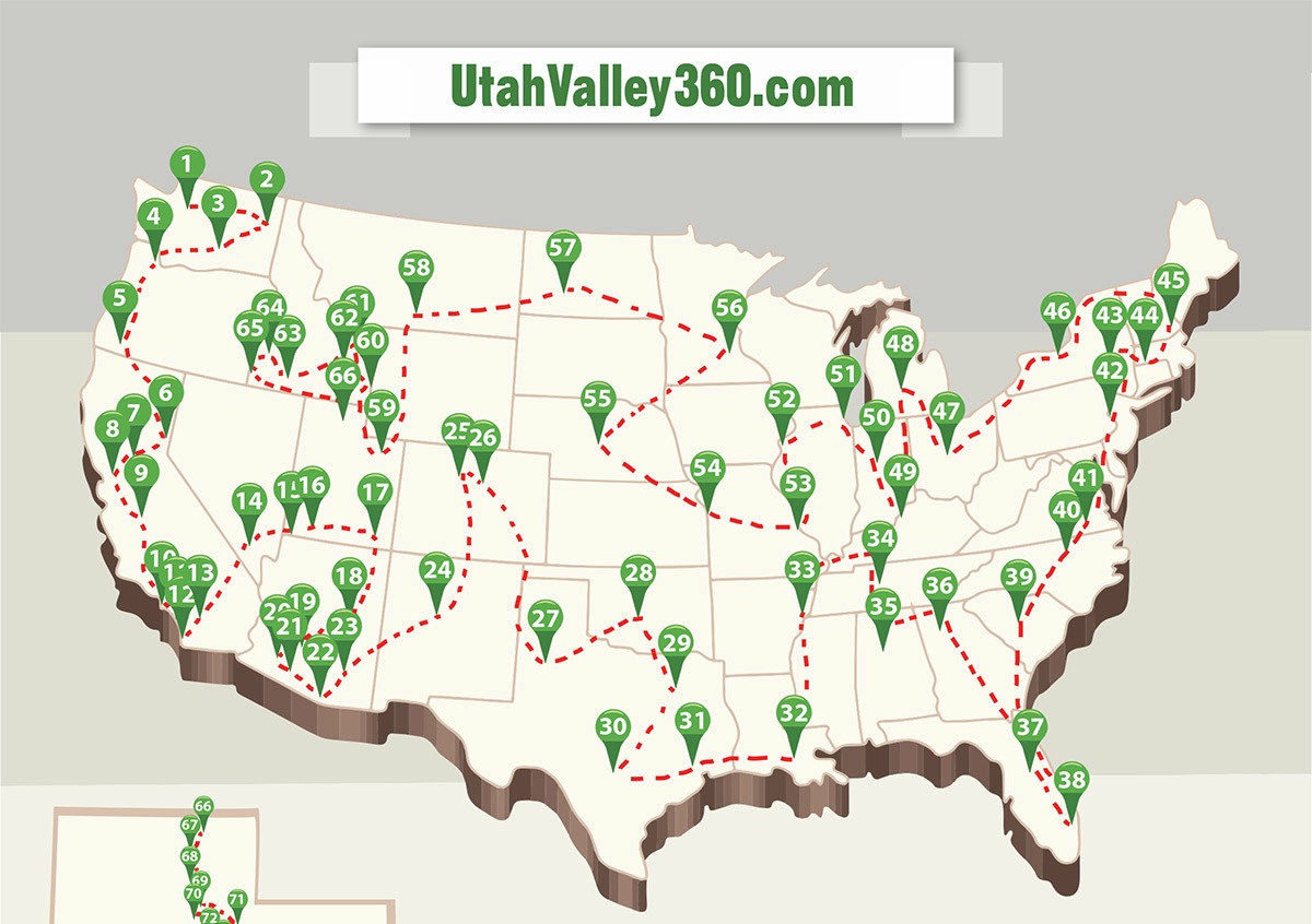 Map of how to visit every temple in the USA