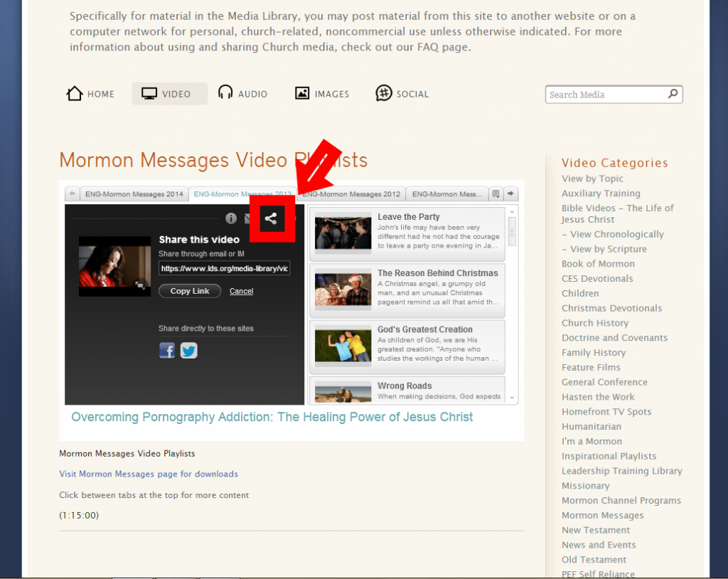 You can share videos from the LDS Media Library directly to your social media page.