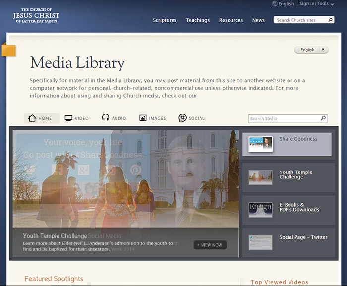 The home page of the LDS media library. The content of which is now available for members of the Church to use on social media.