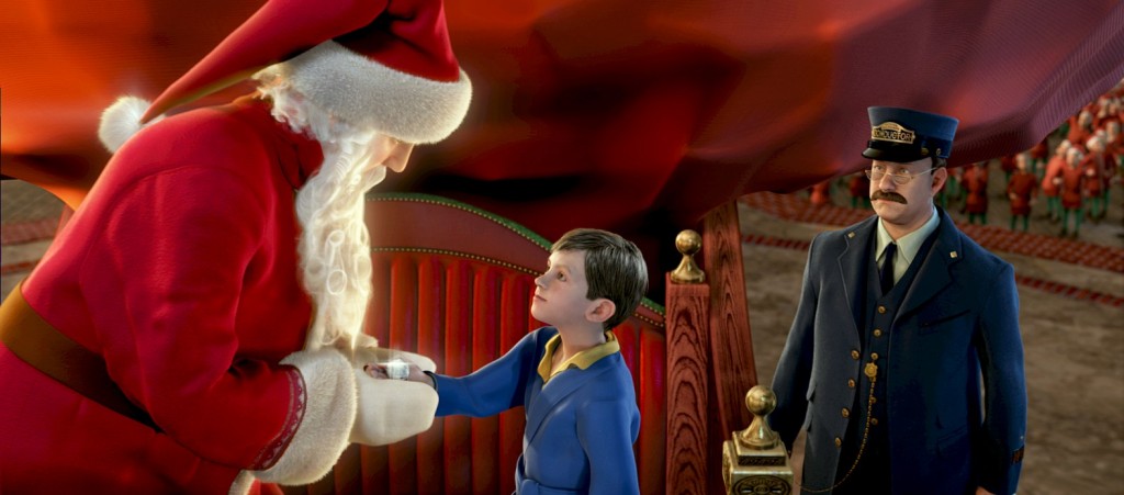 Polar Express Santa Claus giving the first gift of Christmas. 