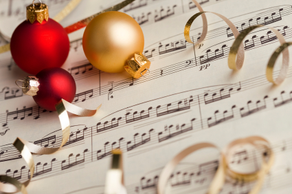 Christmas ornaments and sheet music.