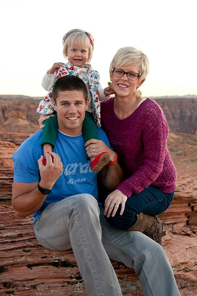 Sam Cole with his wife, Erika and their daughter, Taytum. The couple is expecting another child. Image via LDS.org