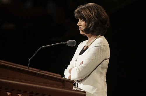 Jean A Stevens giving the benediction prayer at LDS Conference