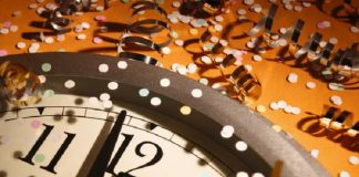 New Years Eve with clock and confetti