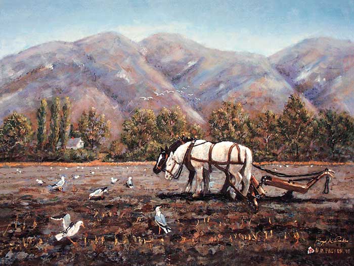 President Packer's Oil Painting of Plowing Horses. Image via LDS.org. 