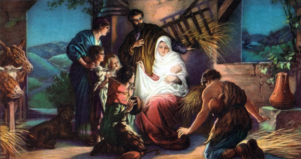 Artistic depiction of shepherds worshiping baby Jesus