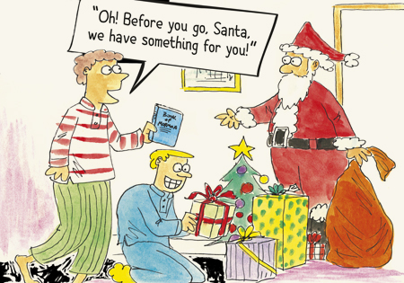 Cartoon of missionaries sharing the gospel with Santa Clause