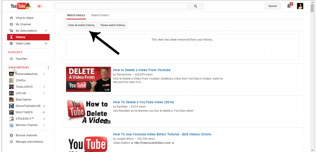 Deleting Watch History on YouTube