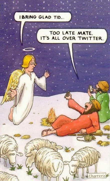 Shepherds tweeting about Christ's birth