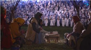 Live Christmas nativity with many angels present. 