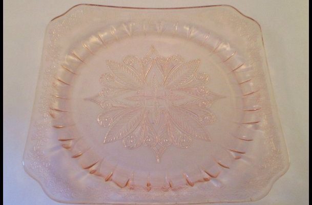 square pink glass dinner plate
