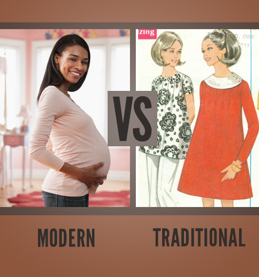 infographic of comparison between modern pregnancy clothing with that of traditional clothing