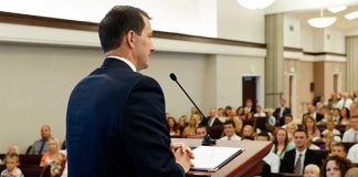 A man delivers a sacrament meeting talk-mormon