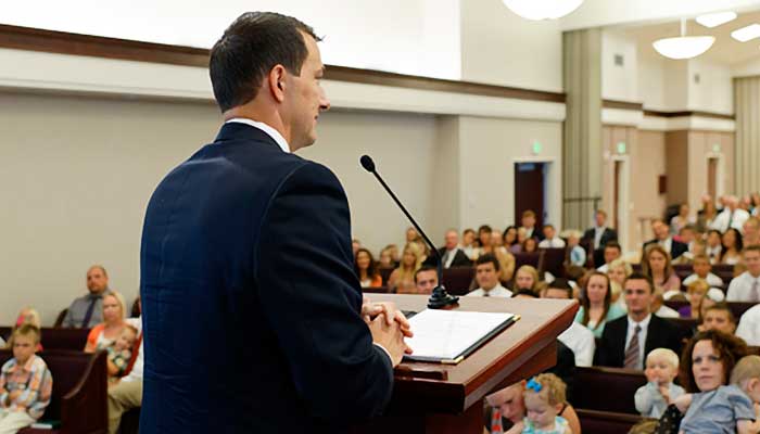 A man delivers a sacrament meeting talk-mormon