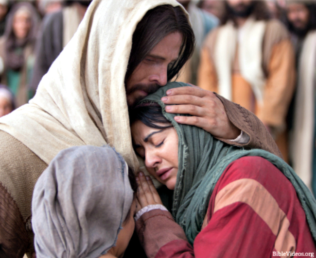 Jesus comforts Mary and Martha after Lazarus' death