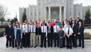 LDS youth in front of LDS temple