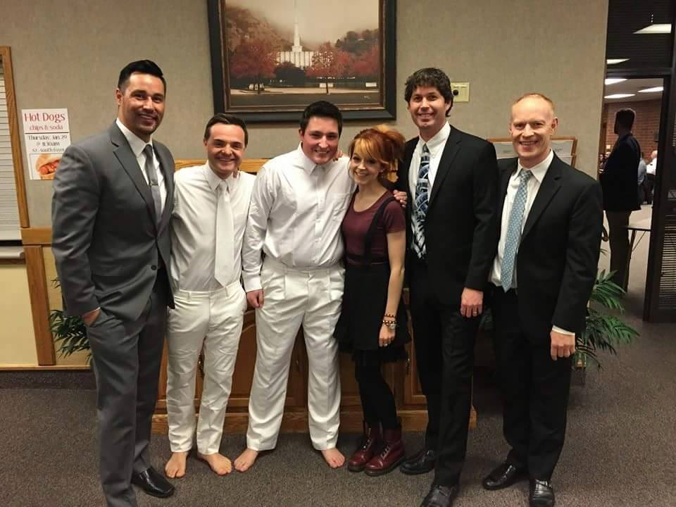 Lindsey Stirling and the Piano Guys pose at Matt Janovsky's baptism