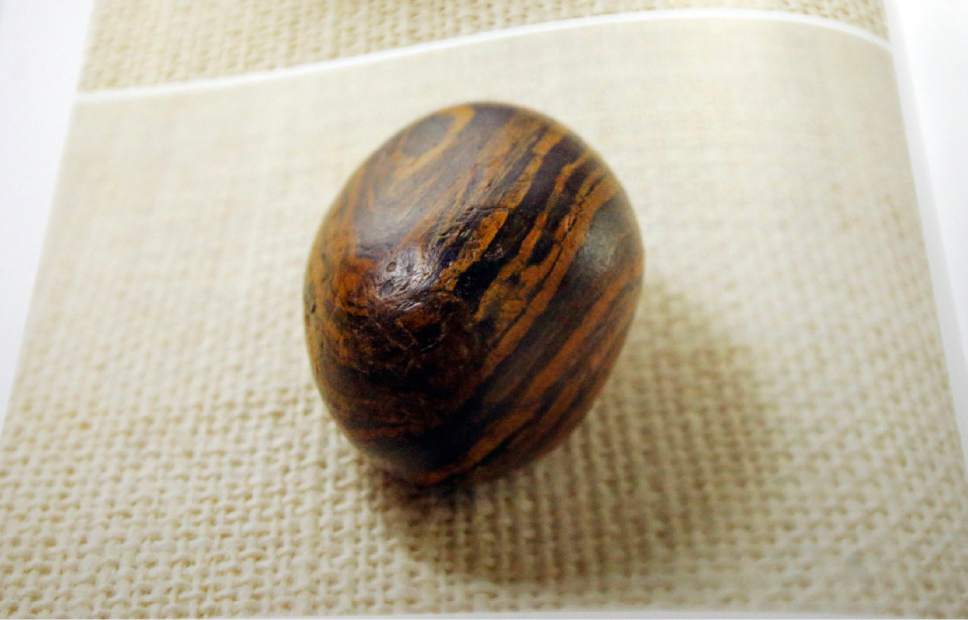 A picture of the seer stone in the printer's manuscript of the Book of Mormon.