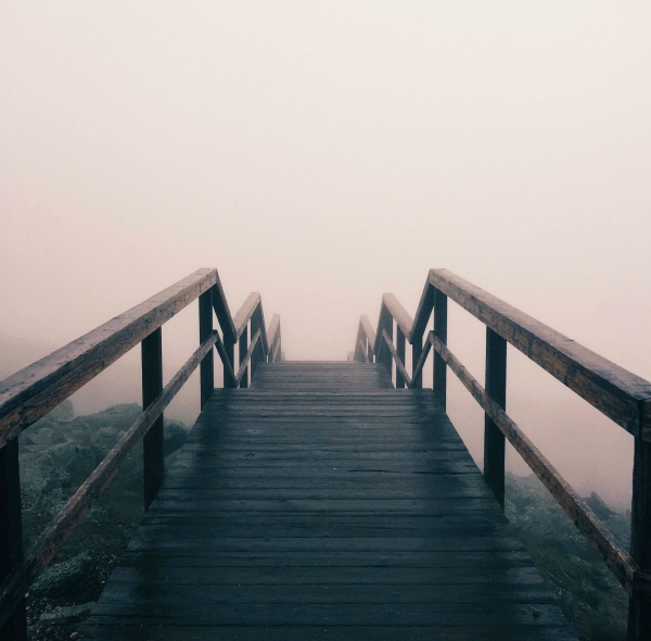 wooden stairs descending into the mist