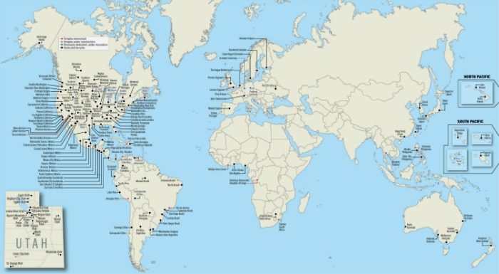 World map of LDS temples