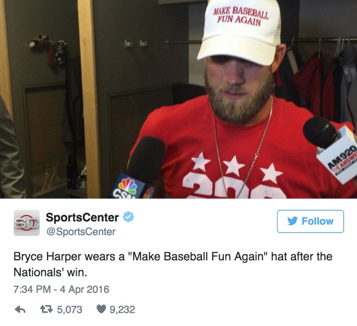 Bryce Harper wears a make baseball fun again hat after nationals win