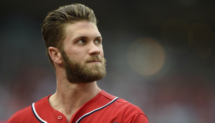 Bryce Harper in baseball uniform looking up