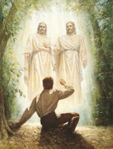 A painting of the First Vision where Heavenly Father and Jesus Christ appeared to Joseph Smith in the Sacred Grove.