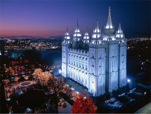 The Salt Lake City, Utah Mormon temple at night.