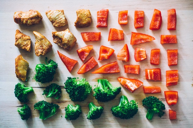 Pieces of beef, broccoli, and bell pepper