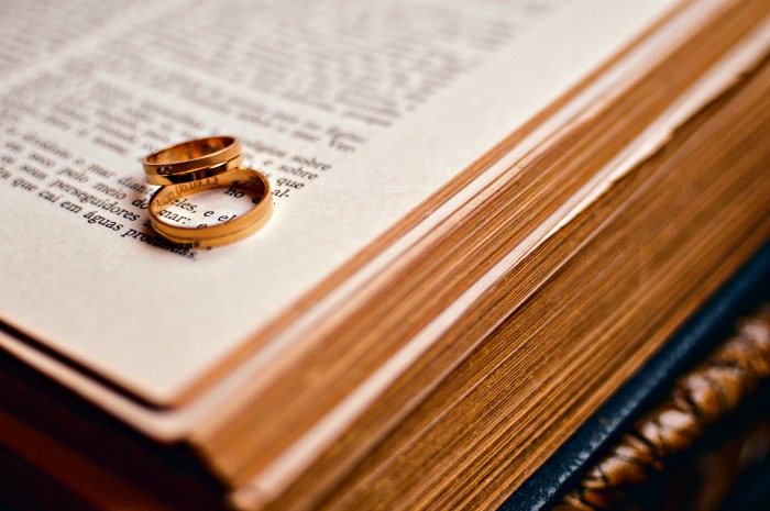 Rings on a Bible to represent a Marriage Survey