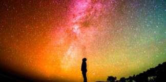 Silhouette of man looking at the Milky Way galaxy at night