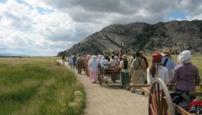 Mormon youth participate in a pioneer trek re-enactment.