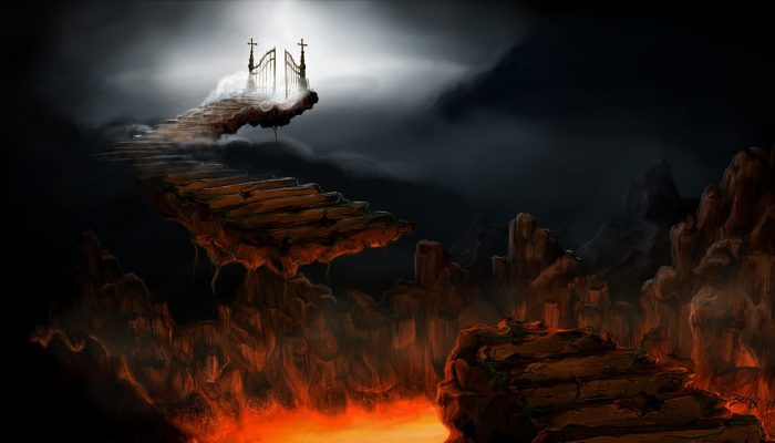 Broken stairway over pit of lava with heavenly gates in the distance