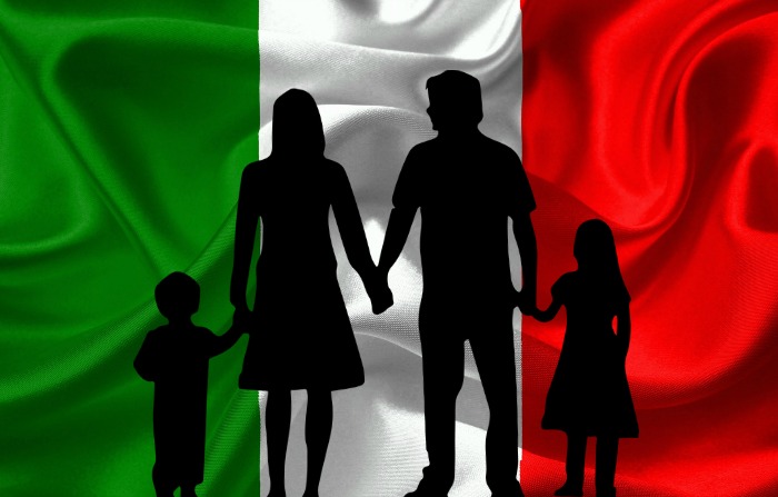 Family Silhouette in front of Italian Flag